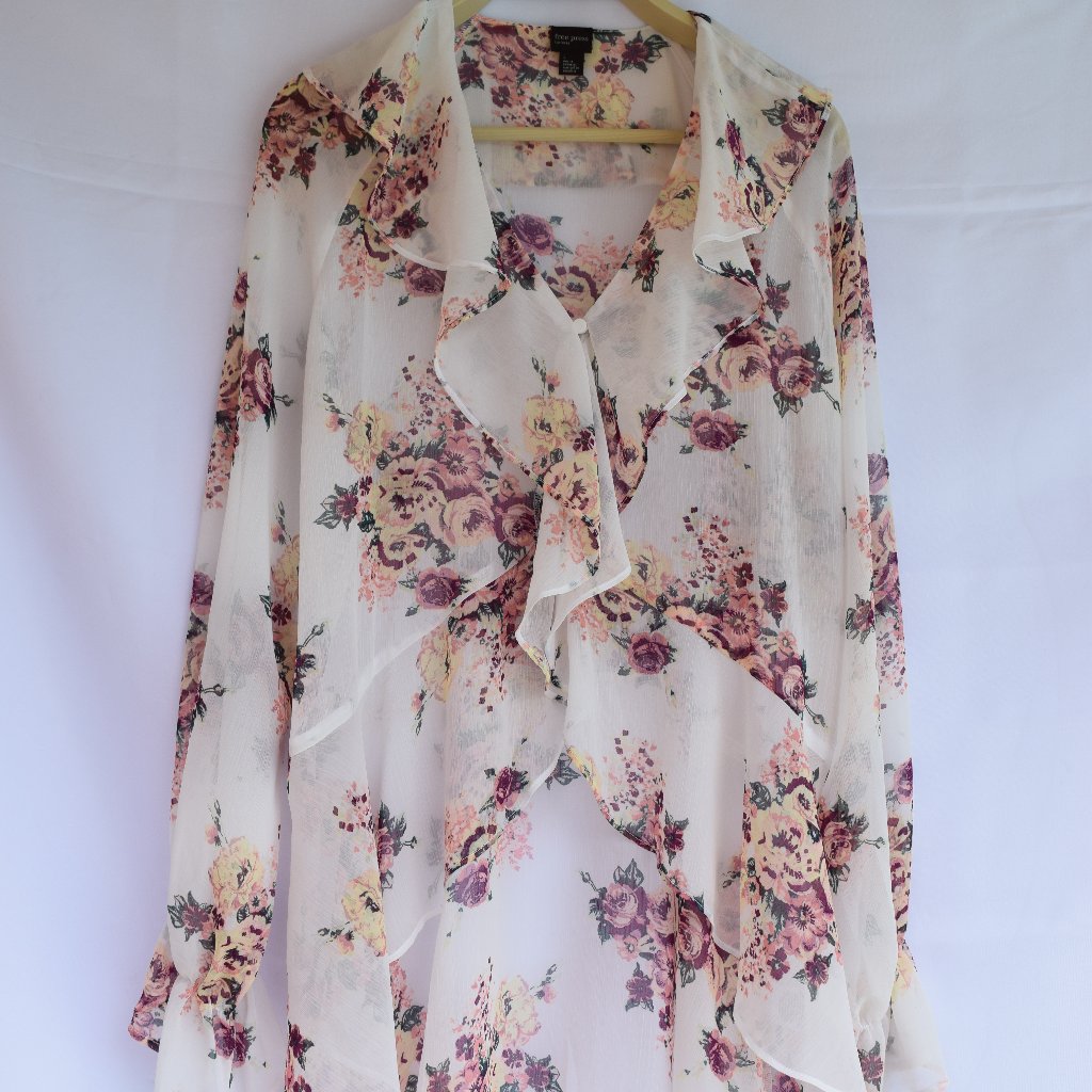 Free Press Floral Summer Long Sleeve Buttoned Front Ruffled Blouse ,Size L,New